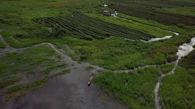 无人机在缅甸漂浮花园上空飞行