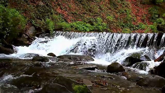 森林深处的高山瀑布。河水在山间流淌