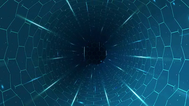 蓝色未来旋转隧道与六边形和光线