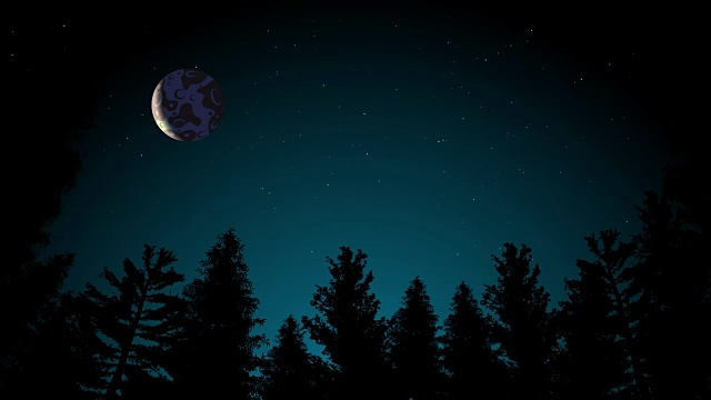 詳情圖-動畫閃爍的夜晚，星空和月亮在樹木的黑色剪影
