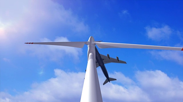 風力發(fā)電機的背景是天空和飛機