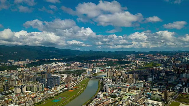 晴天台北市景河流航拍全景4k时间推移台湾