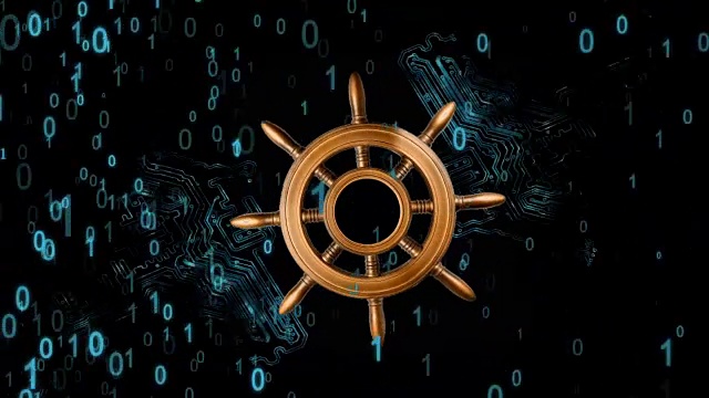 靠信息技术航海。方向盘旋转与背景元素的主板图案发散光线，和二进制代码。技术上的领导理念。