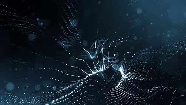 3d循环动画作为科幻小说背景发光粒子与景深和bokeh为vj循环。粒子形成线和面网格。V3黑