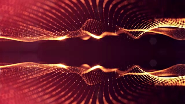 3d循环动画作为科幻小说背景发光粒子与景深和bokeh为vj循环。粒子形成线和面网格。V2红金