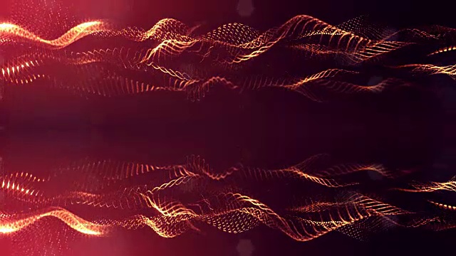 3d循环动画作为科幻小说背景发光粒子与景深和bokeh为vj循环。粒子形成线和面网格。V7红金