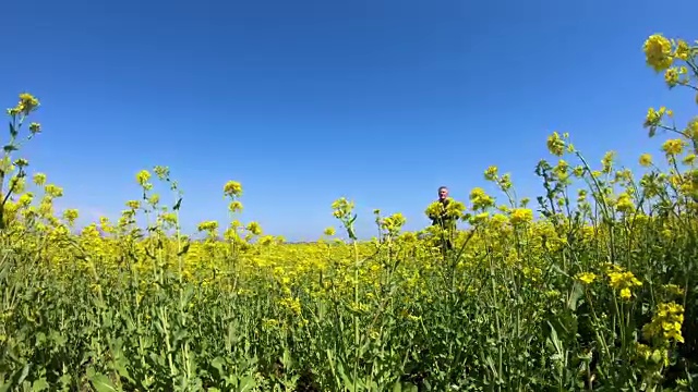 成年男子背着背包在乡村大自然中徒步旅行