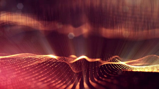 3d循环动画作为科幻小说背景发光粒子与景深和bokeh为vj循环。粒子形成线和面网格。V23红色黄金与光线