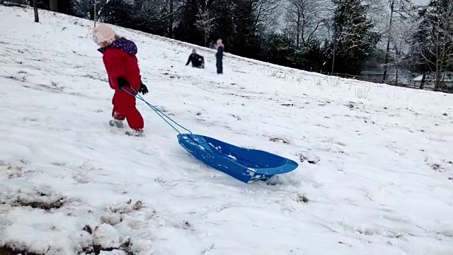 一个蹒跚学步的小女孩拉着雪橇爬上雪山