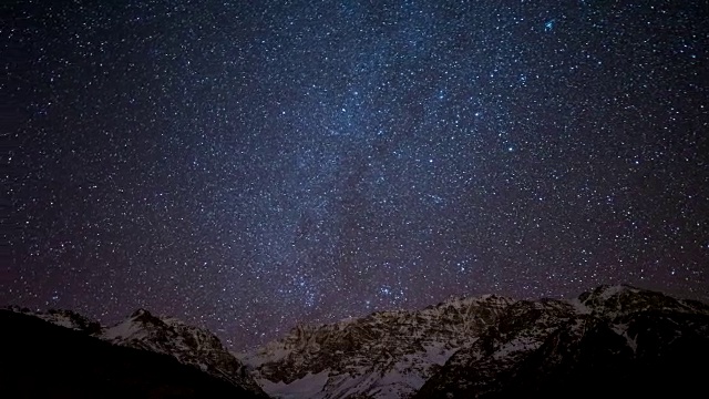 银河系在雪山上移动的时间流逝视频