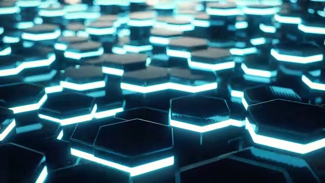 详情图-抽象蓝色的未来表面六边形图案与光线。3D渲染4k动画