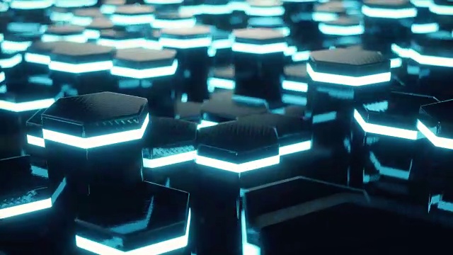 详情图-抽象蓝色的未来表面六边形图案与光线。3D渲染4k动画