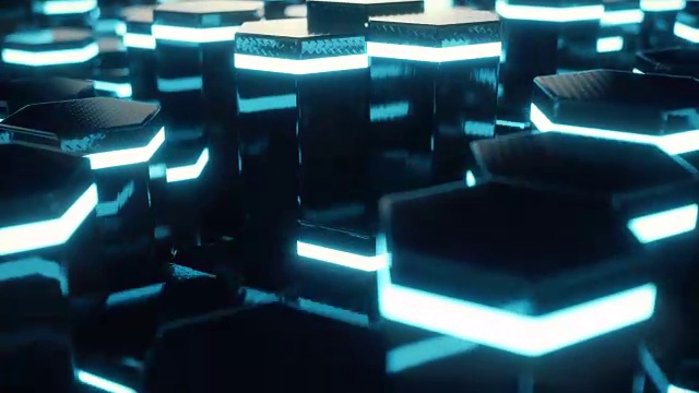 详情图-抽象蓝色的未来表面六边形图案与光线。3D渲染4k动画