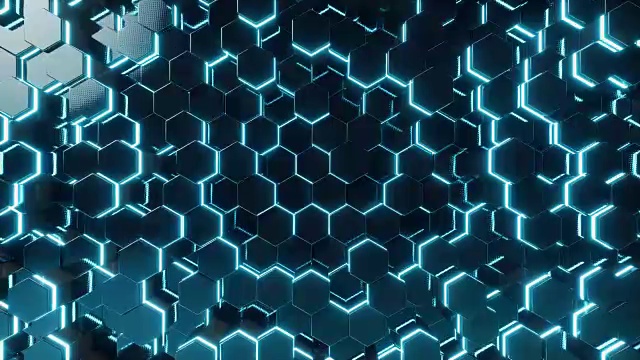 抽象蓝色的未来表面六边形图案与光线。3D渲染4k动画