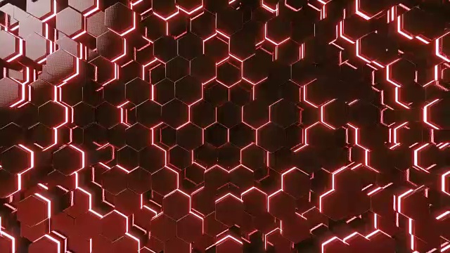 抽象红色的未来表面六角形图案与光线。3D渲染4k动画