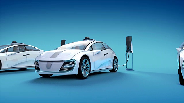 詳情圖-未來的電動(dòng)汽車在充電站充電。3,d動(dòng)畫。