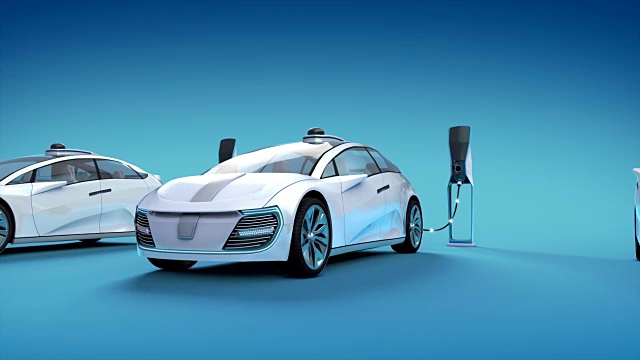 詳情圖-未來的電動(dòng)汽車在充電站充電。3,d動(dòng)畫。