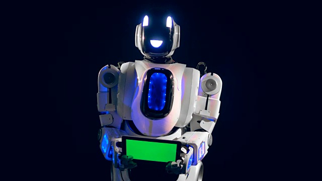 詳情圖-白色機器人轉向攝像機，拿著一塊綠色的屏幕板。