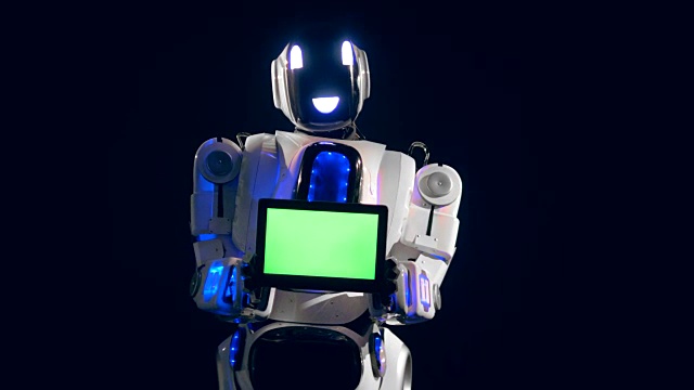 詳情圖-白色機器人轉向攝像機，拿著一塊綠色的屏幕板。