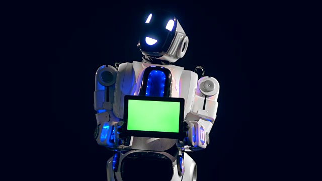 詳情圖-白色機器人轉向攝像機，拿著一塊綠色的屏幕板。