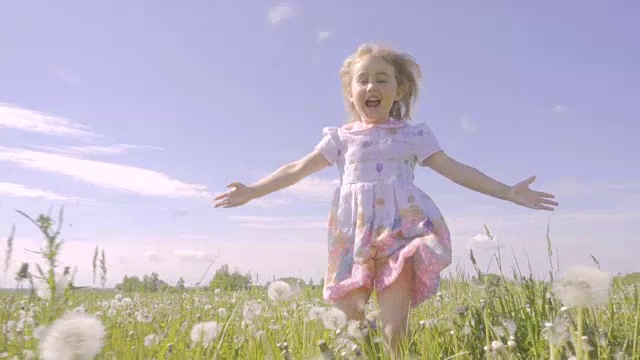 可爱的小女孩在蒲公英色的草地上奔跑。孩子们在户外欢声笑语。夏天阳光灿烂的日子。缓慢的运动。