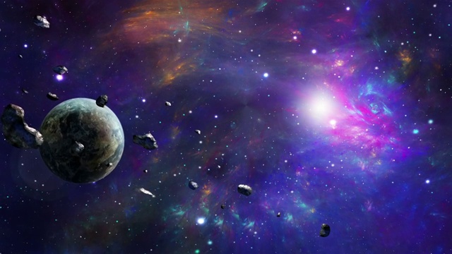 空间场景。行星和小行星围绕光旋转。