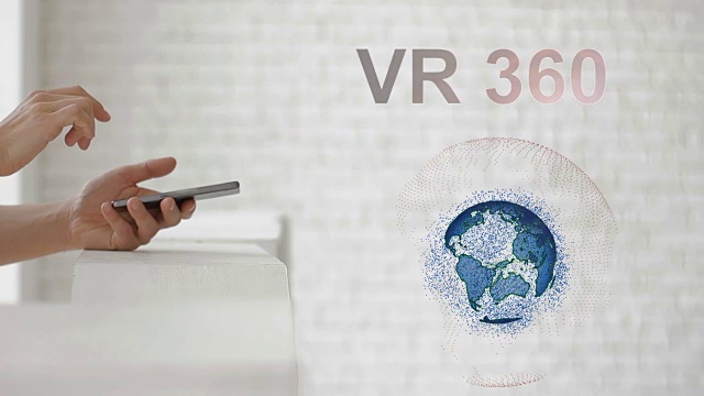 手启动地球的全息图和VR 360文本