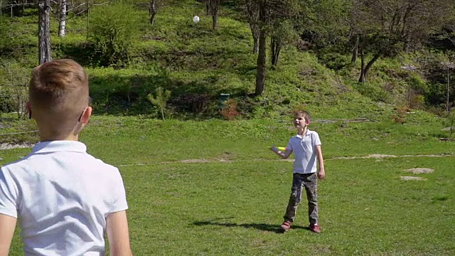 两个小男孩在公园的草地上打棒球