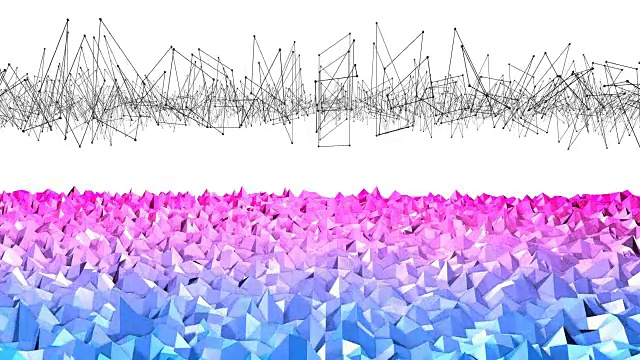 4k低多边形背景动画循环。无缝3d动画在现代几何低多边形样式与梯度颜色。创意简单的背景与网格。v12蓝红飞机与拷贝空间