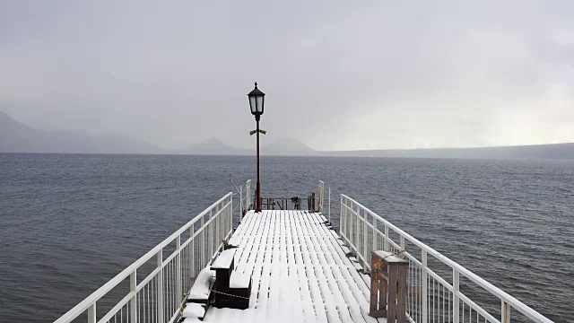 在阴天里，废弃的木码头上覆盖着白雪，波浪起伏的湖面上