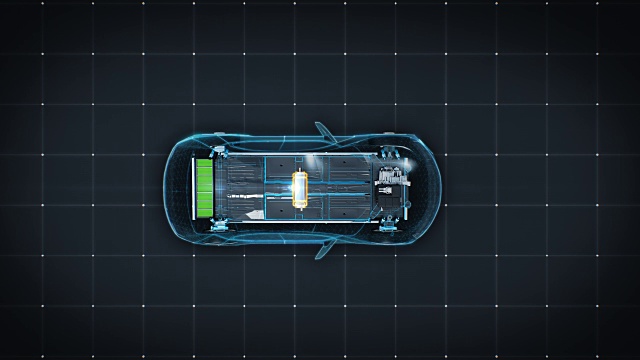 电子，离子电池回声车。充电汽车电池。电池电量检查，未来车。前视图。4 k的电影。