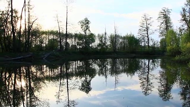 傍晚景观与洪水在沼泽地在春天。春天的观点。水风景