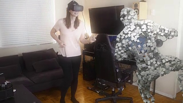 詳情圖-戴著VR眼鏡和虛擬伴侶跳舞的女人。