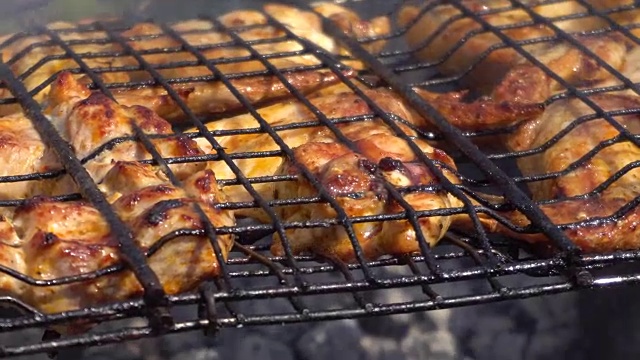 卤鸡和牛肉串在烤架上