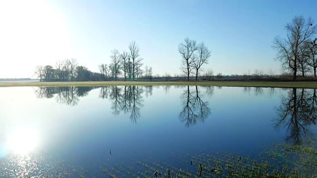 湖在野外全景。晶莹平静的浇灌