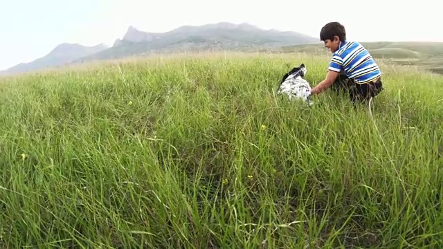 男孩在草地上玩，狗在挠他的肚子