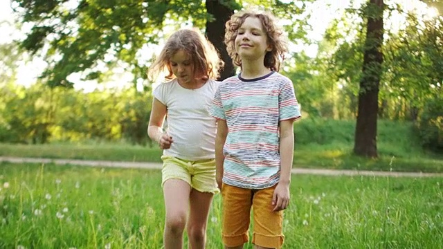 一对恩爱的夫妇，一个男孩和一个女孩，正在公园里牵着手散步。第一次的爱。动态视频