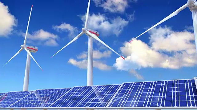 現代替代能源概念相機沿著太陽能板和風力發(fā)電站移動