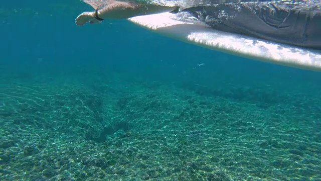 水下:年轻的冲浪运动员躺在他的冲浪板上，向线上划桨。