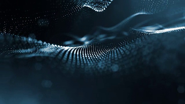 3d无缝动画作为数字科幻小说背景的发光粒子，就像在纳米世界具有景深，散景。粒子形成线，表面网格或神秘的虚拟空间。黑色2