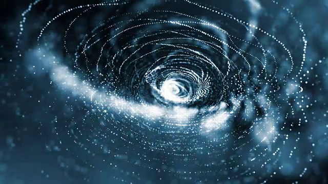 3d无缝动画作为数字科幻小说背景的发光粒子，就像在纳米世界具有景深，散景。粒子形成线，表面网格或神秘的虚拟空间。黑3
