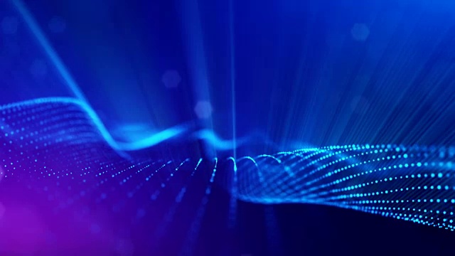 3d无缝动画作为数字科幻小说背景的发光粒子，就像在纳米世界具有景深，散景。粒子形成线，表面网格或神秘的虚拟空间。蓝色3