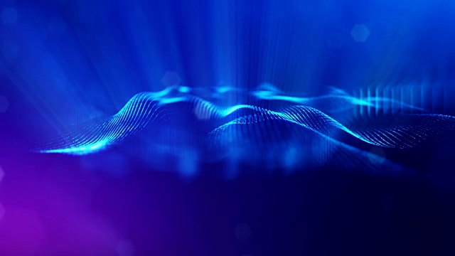 3d无缝动画作为数字科幻小说背景的发光粒子，就像在纳米世界具有景深，散景。粒子形成线，表面网格或神秘的虚拟空间。蓝色4