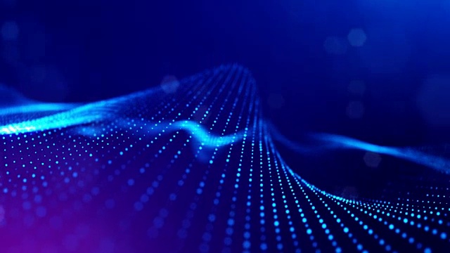 3d无缝动画作为数字科幻小说背景的发光粒子，就像在纳米世界具有景深，散景。粒子形成线，表面网格或神秘的虚拟空间。蓝6