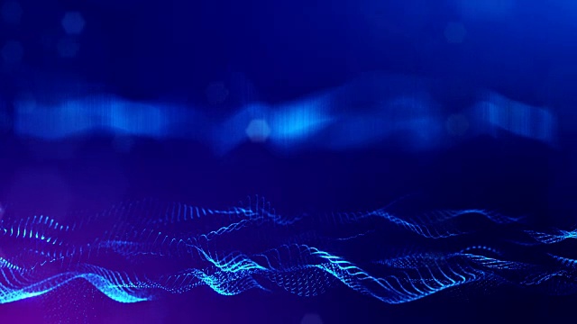 3d无缝动画作为数字科幻小说背景的发光粒子，就像在纳米世界具有景深，散景。粒子形成线，表面网格或神秘的虚拟空间。蓝色的10