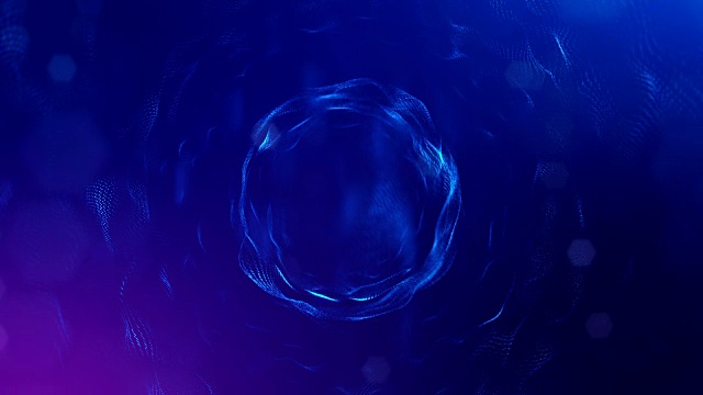 3d无缝动画作为数字科幻小说背景的发光粒子，就像在纳米世界具有景深，散景。粒子形成线，表面网格或神秘的虚拟空间。蓝色12