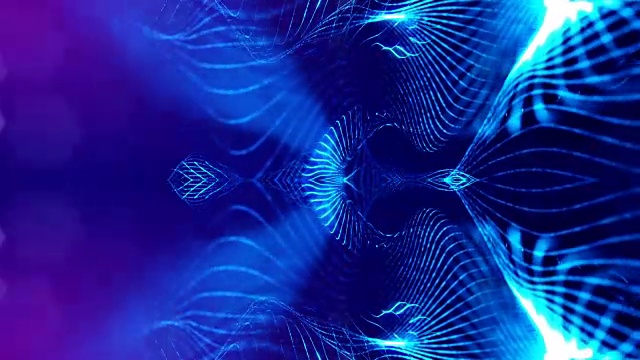 3d无缝动画作为数字科幻小说背景的发光粒子，就像在纳米世界具有景深，散景。粒子形成线，表面网格或神秘的虚拟空间。蓝色15