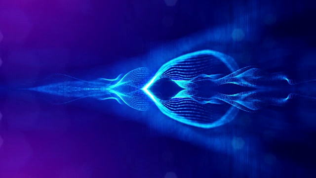 3d无缝动画作为数字科幻小说背景的发光粒子，就像在纳米世界具有景深，散景。粒子形成线，表面网格或神秘的虚拟空间。蓝色16