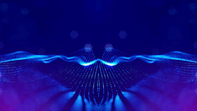 3d无缝动画作为数字科幻小说背景的发光粒子，就像在纳米世界具有景深，散景。粒子形成线，表面网格或神秘的虚拟空间。蓝色的18