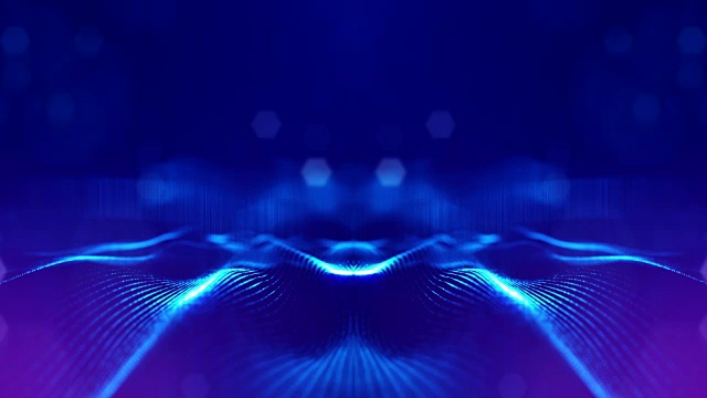 3d无缝动画作为数字科幻小说背景的发光粒子，就像在纳米世界具有景深，散景。粒子形成线，表面网格或神秘的虚拟空间。蓝色19